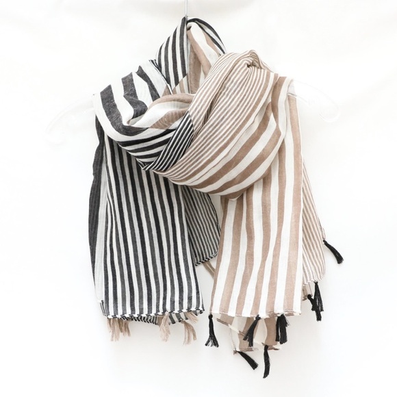 NWT Simi large scarf striped print grey beige tassels new autumn spring trendy - Picture 2 of 8